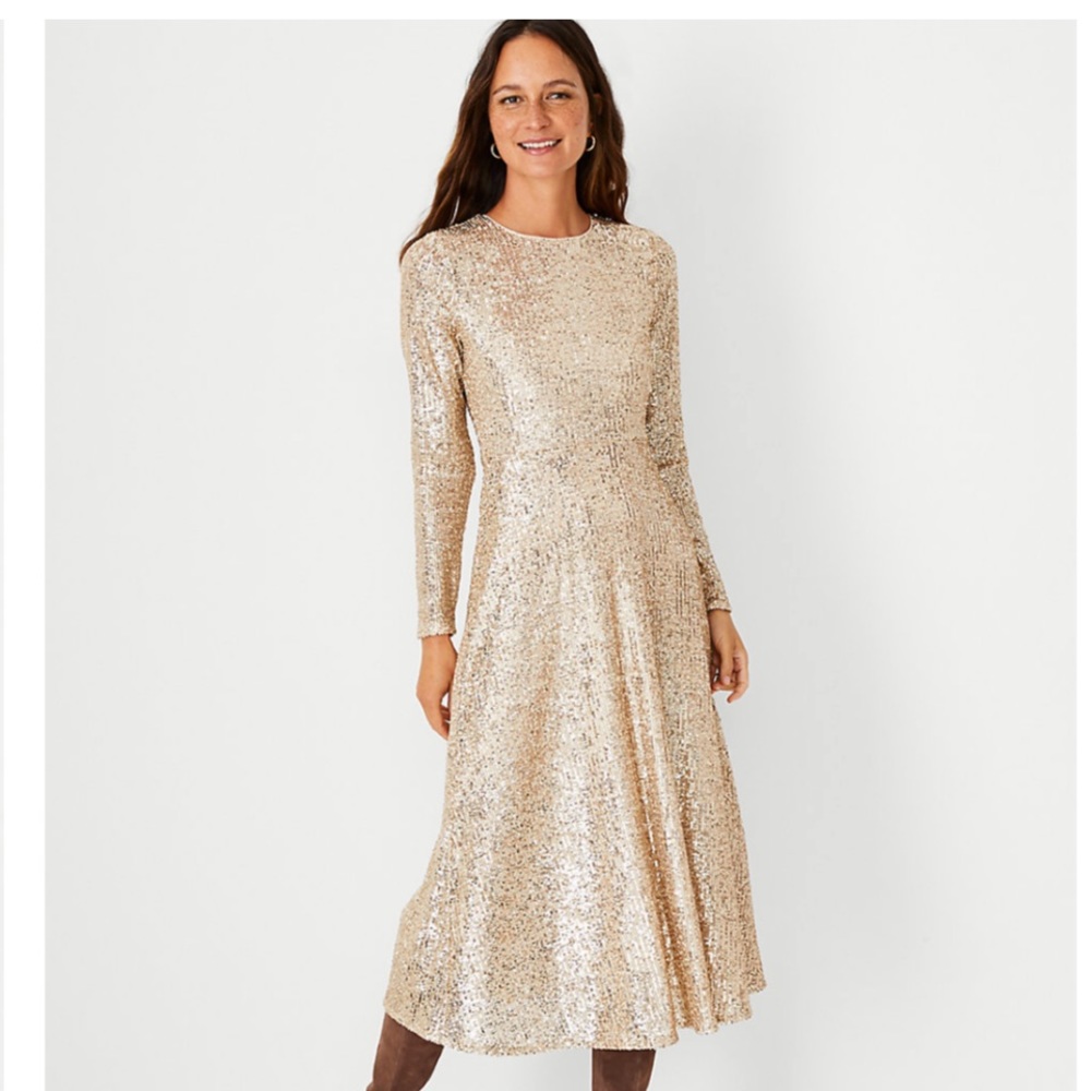 BNWT Ann Taylor Gold Sequin Midi Flare Dress